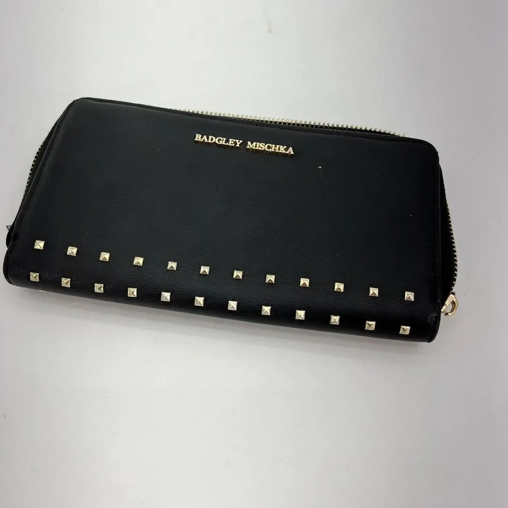 Badgley Mischka Black Soft Vegan Leather Wallet With Gold Studs & Logo, Zipper